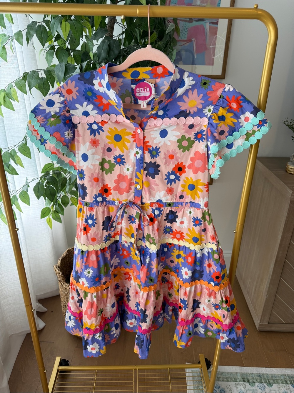 CeliaB Floral Tiered Cotton Dress in Pink, Blue, Yellow